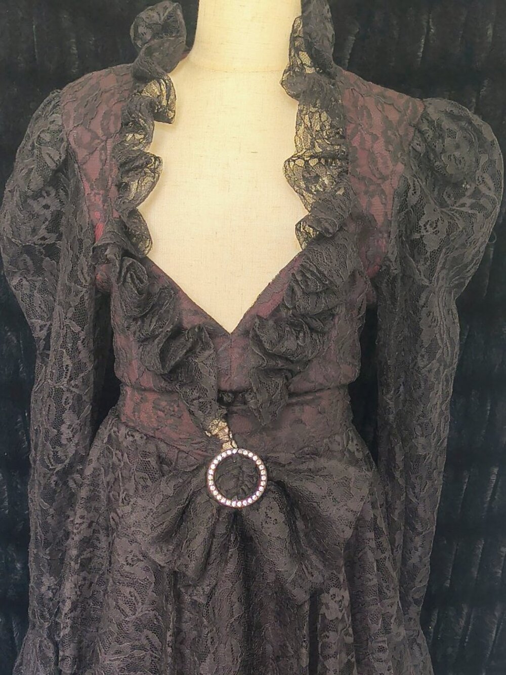 Vintage 80s Venus of California Black Lace Peplum Dress Rhinestone Buckle - S